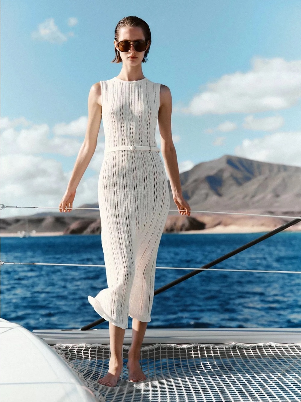 ZARA Pointelle Knit Dress With Belt White Sleeveless Beach Coverup